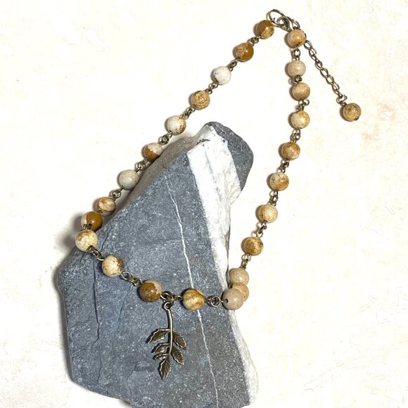 Genuine Yellow Picture Jasper Short Necklace, Bronze Leaf Branch Charm +Gemstone - Picture 6 of 15